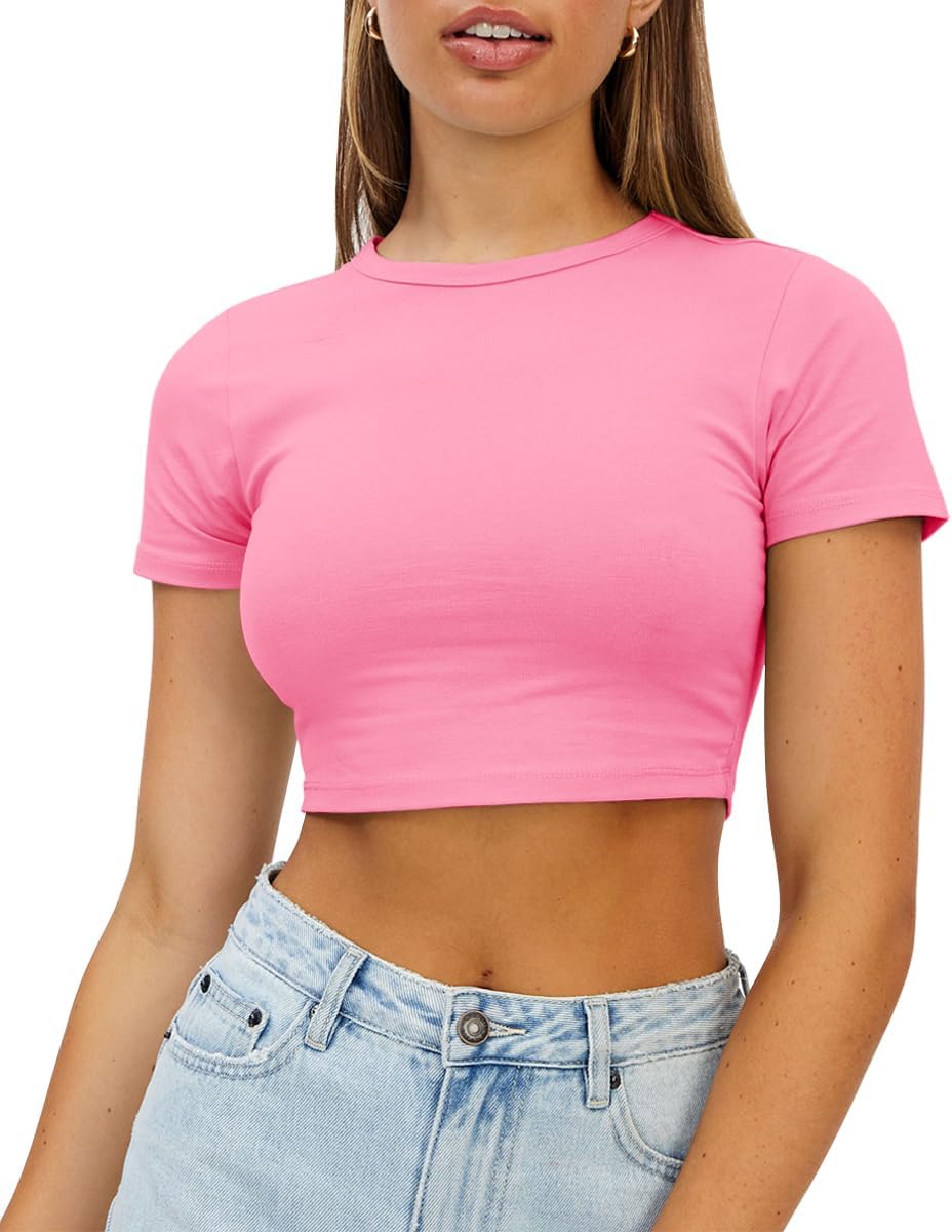 WYNNQUE Womens Crop Tops Cute Summer Scoop Neck Basic Tees Slim Fit Trendy Short Sleeve T Shirts for Teen Girls 2024