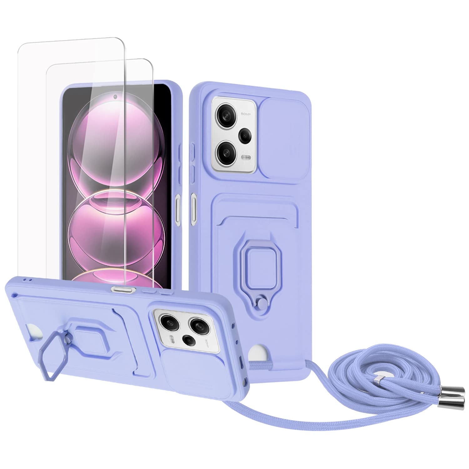 Zallagre Funda con Cuerda Compatible con Redmi Note 13 Pro 5G,[2 Packs Cristal Templado],Ranura para Tarjetas,Cubierta de Cámara Deslizante Proteger,360 Anillo Soporte-Morado — view 98