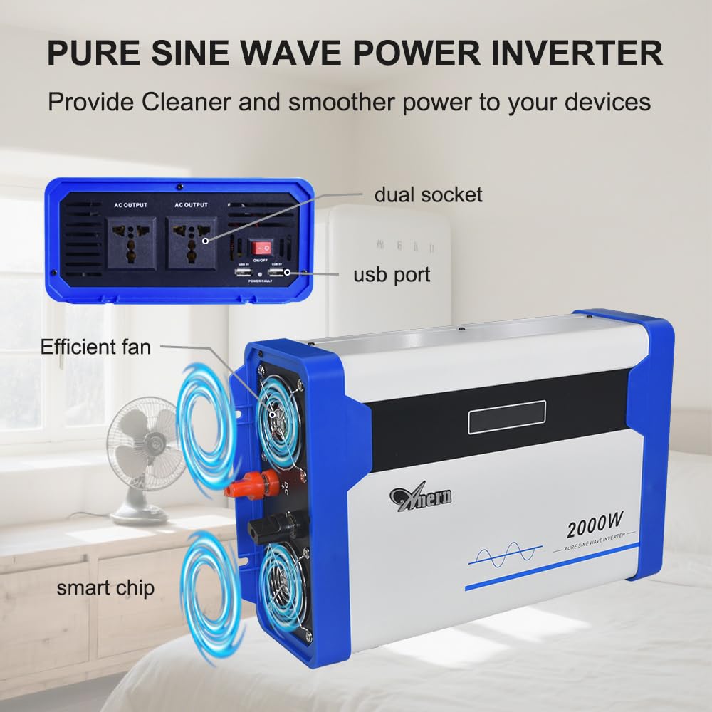 Anern Convertisseur 1000W DC 12V vers AC 220V Onduleur de Voiture Onde Sinusoïdale Pure avec écran LED et Port USB 5V, Convertisseur de Tension pour la Charge, Le Voyage et Le Camping