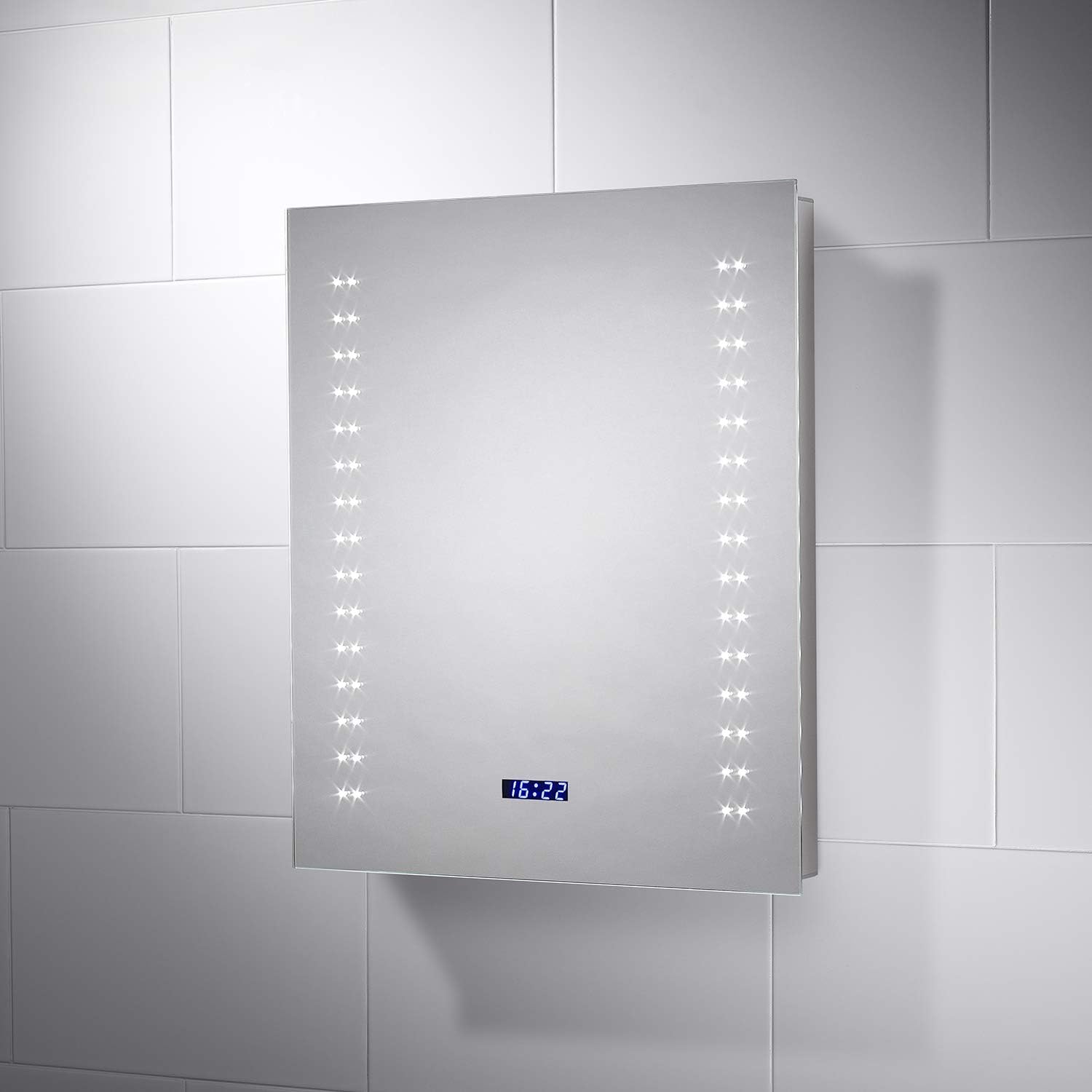Pebble Grey™ Tulare Illuminated LED Bathroom Mirror | Bluetooth Speakers | Heated Demister Mirror Pad | Built-in Digital Clock | Motion Sensor | 500 x 600 | IP44 Rated | 10 Year Guarantee
