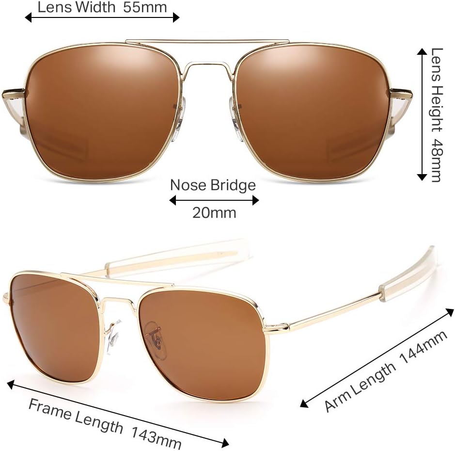 IOHLNG Mens Aviator Sunglasses Polarized 55mm Pilot Military Square Shades with Bayonet Temples