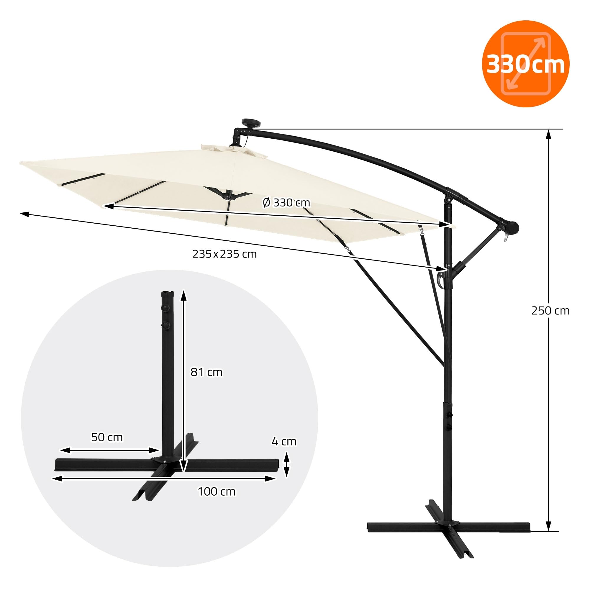 ML-Design Sombrilla de Jardín Ø 330 cm de Aluminio con/sin LED Parasol Voladiza de Terraza, Giratoria 360°, Inclinable y con Manivela Protección Solar UV50+ e Impermeable, incluye Soporte y Funda