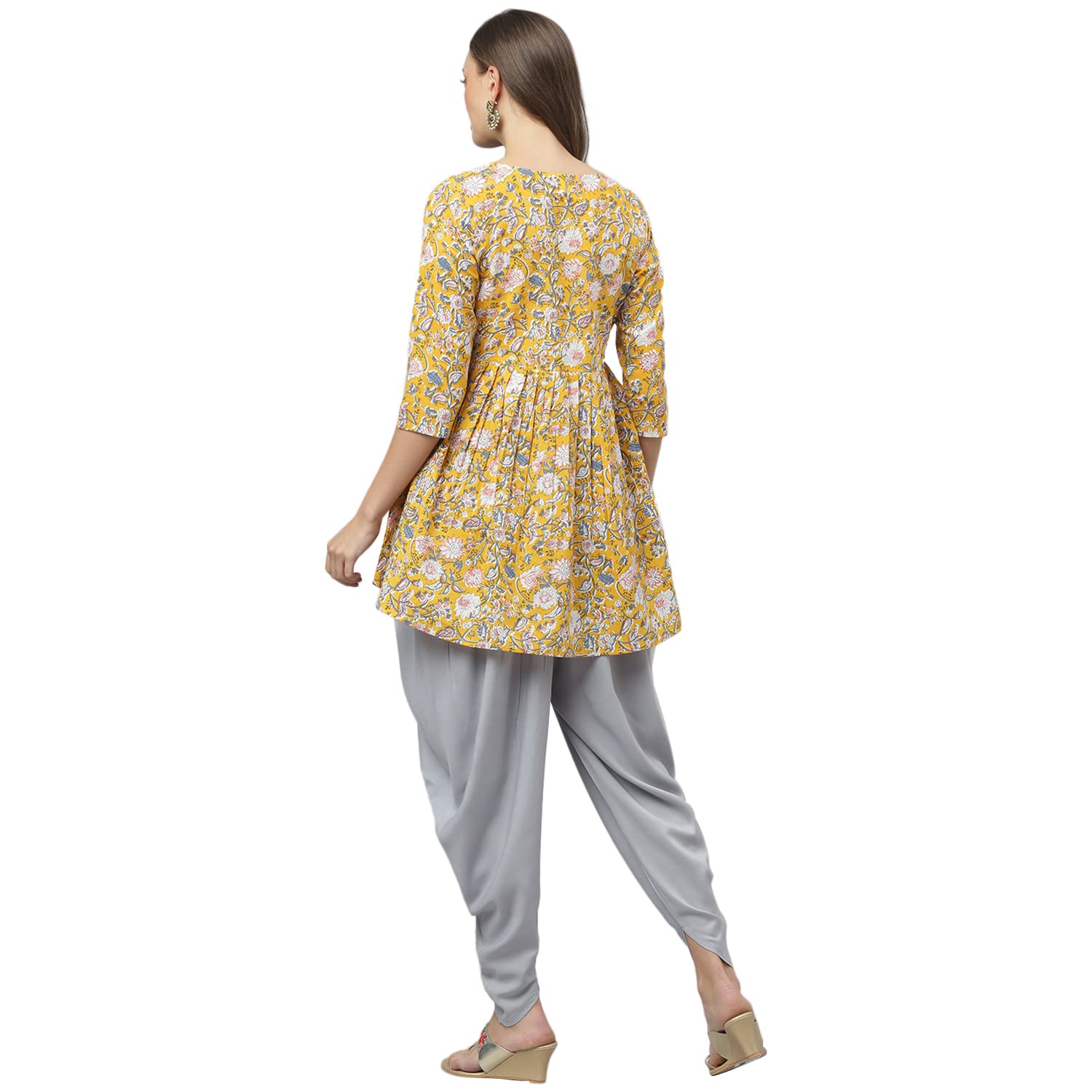 Stylum Women's Floral Printed Cotton Pleated Kurta Dhoti Pant Set (Kdmustimara44_Mustard, Xxl)