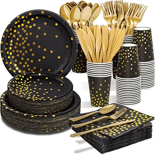 Partylamb Black and Gold Party Supplies, 350PCS Disposable Dinnerware Set, Black Paper Plates Napkins Cups, Gold Plastic Forks Knives Spoons for Birthday Retirement Wedding Graduation(A3.Black & Gold)