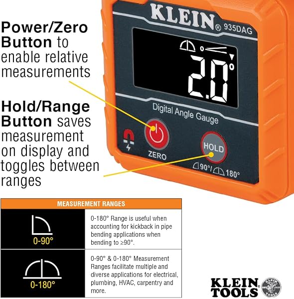 Klein Tools 935DAG Digital Electronic Level and Angle Gauge, Measures 0 - 90 and 0 - 180 Degree Ranges, Measures and Sets Angles - 3