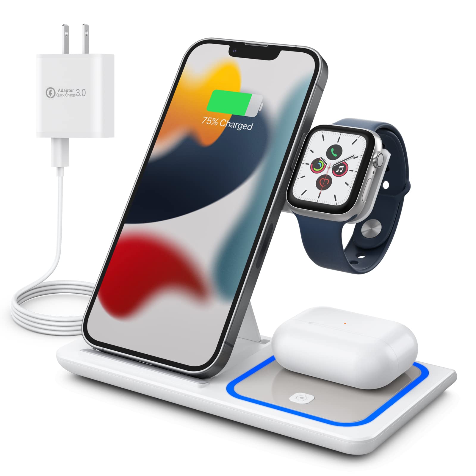 Wireless Charging Station, 3 in 1 Foldable Wireless Charger Stand, Wireless Charging Stand for iPhone 13/12/12 Pro/12 Pro Max/11/XS Max/XS/XR/X/8P, Airpods 2/pro, Apple Watch, and Qi-Certified Phones