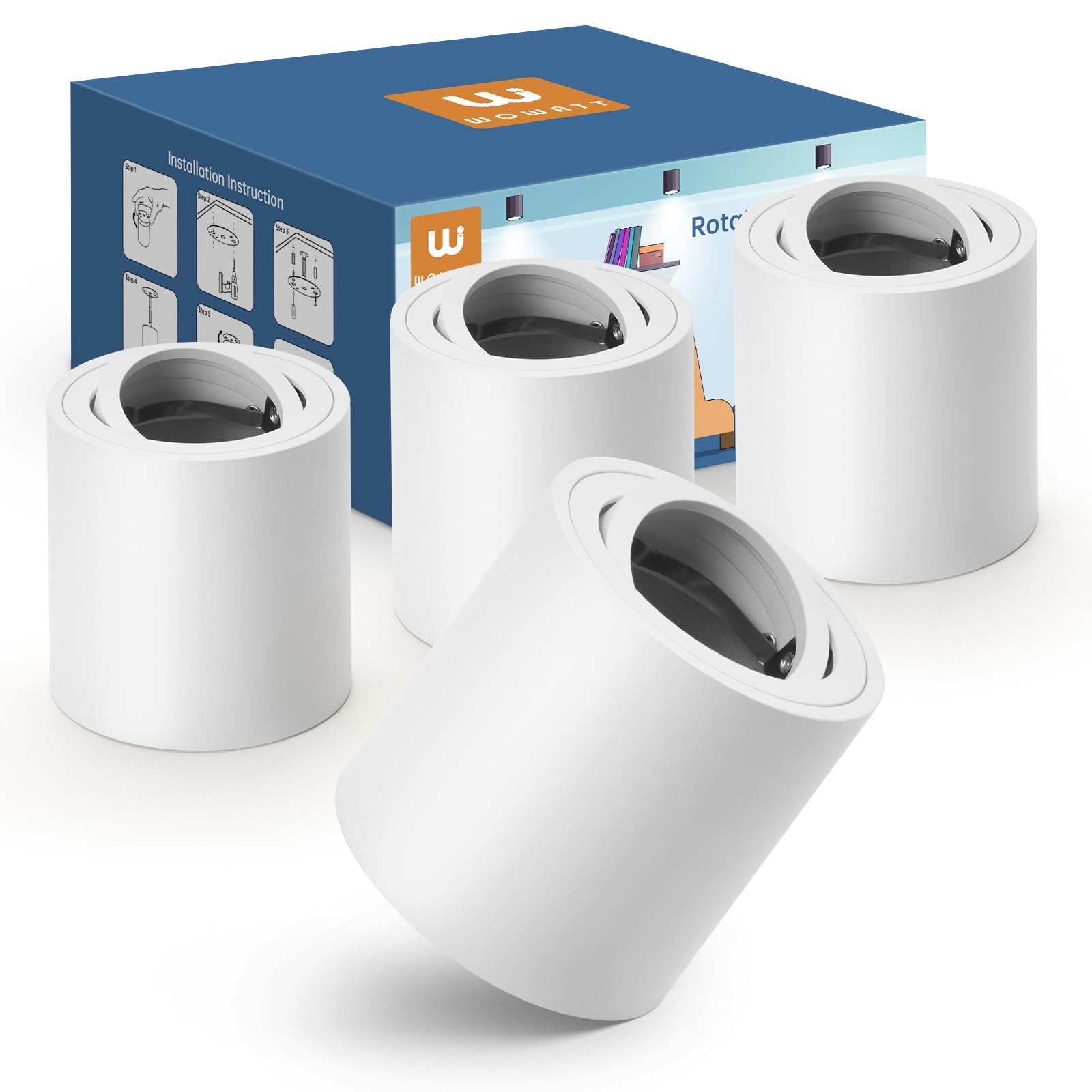 wowatt 4 Stück Aufbauspot Weiß - Aufbaustrahler mit GU10 Fassung, Geeignet für GU10 & LED Module, Aufbauleuchte 30° Schwenkbar, aufputz deckenspots Spots aus Aluminium, Rund(Ohne GU10-Lampe)