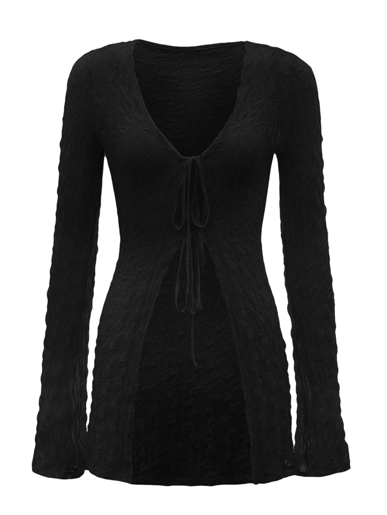 Verdusa Womens 90s Top Bell Long Sleeve Tie Front Textured Sheer Cardigan Going Out Tops Y2k Clothes