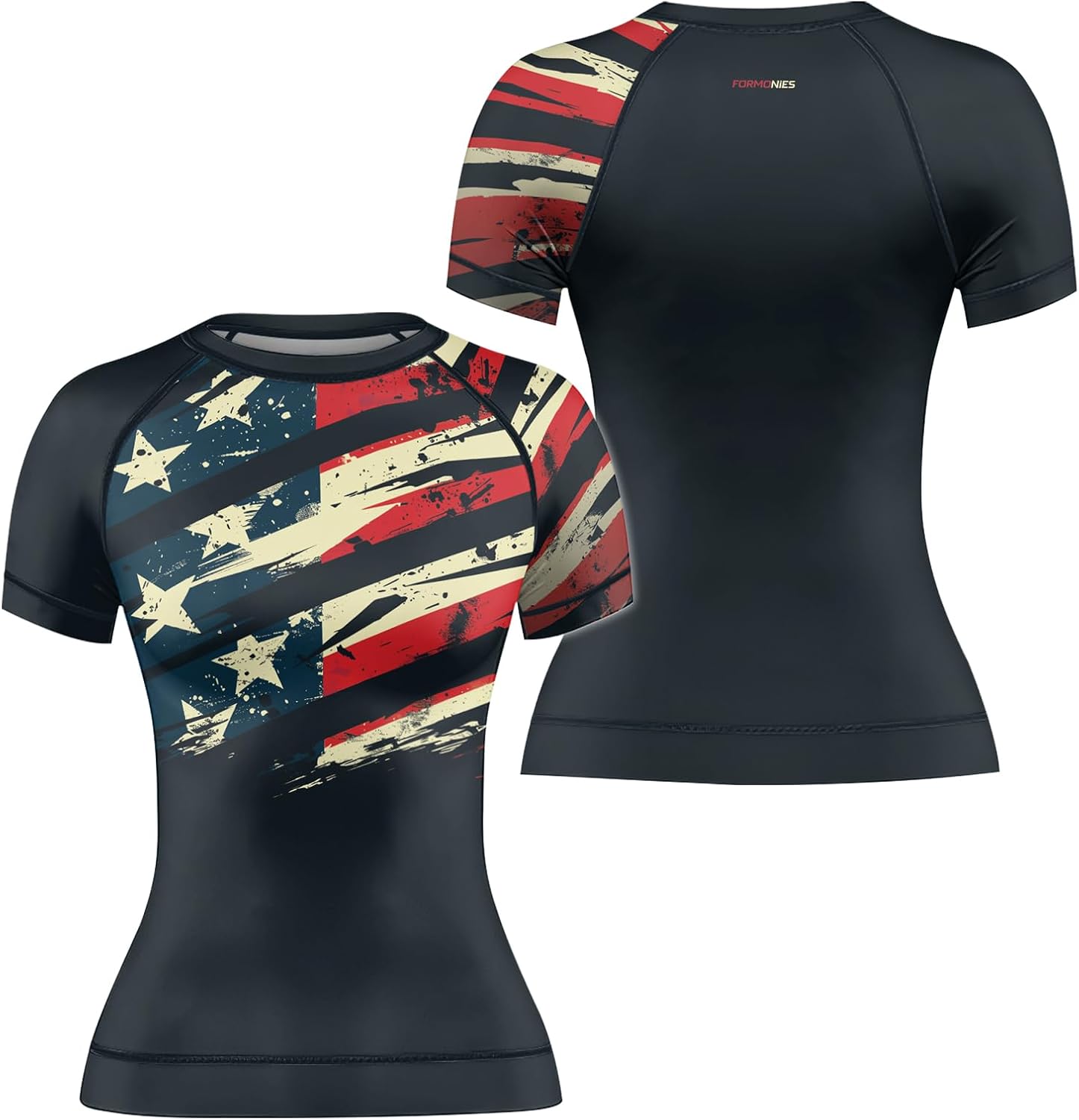 FORMONIES Patriot Women’s Short Sleeve Rash Guard – Compression Fit MMA BJJ No-Gi Shirt – Jiu Jitsu Fightwear