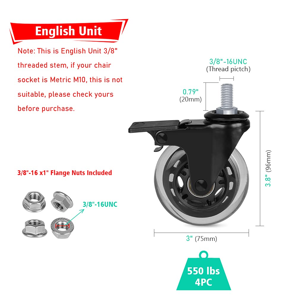 Hirate 3" Lockable Caster Wheel with 3/8"-16UNC Threaded Stem(2 with Brake & 2 Without), 4 Pack Swivel Stem Casters Wheels with Flange Lock Nuts for Carts Furniture Trolley DIY Stands