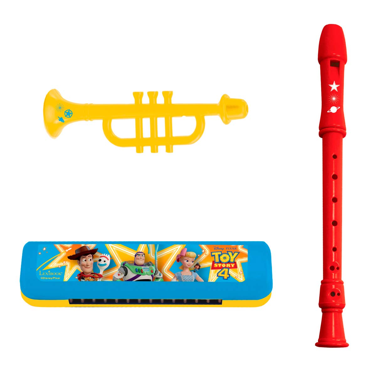 Lexibook K360TS Toy Story 4 Woody Buzz, zestaw 7 instrumentów muzycznych (bęben, marakasy, kastanet, harmonijka, rejestrator, trąbka, tamburyn), wygodna gra do przenoszenia, niebieski/żółty