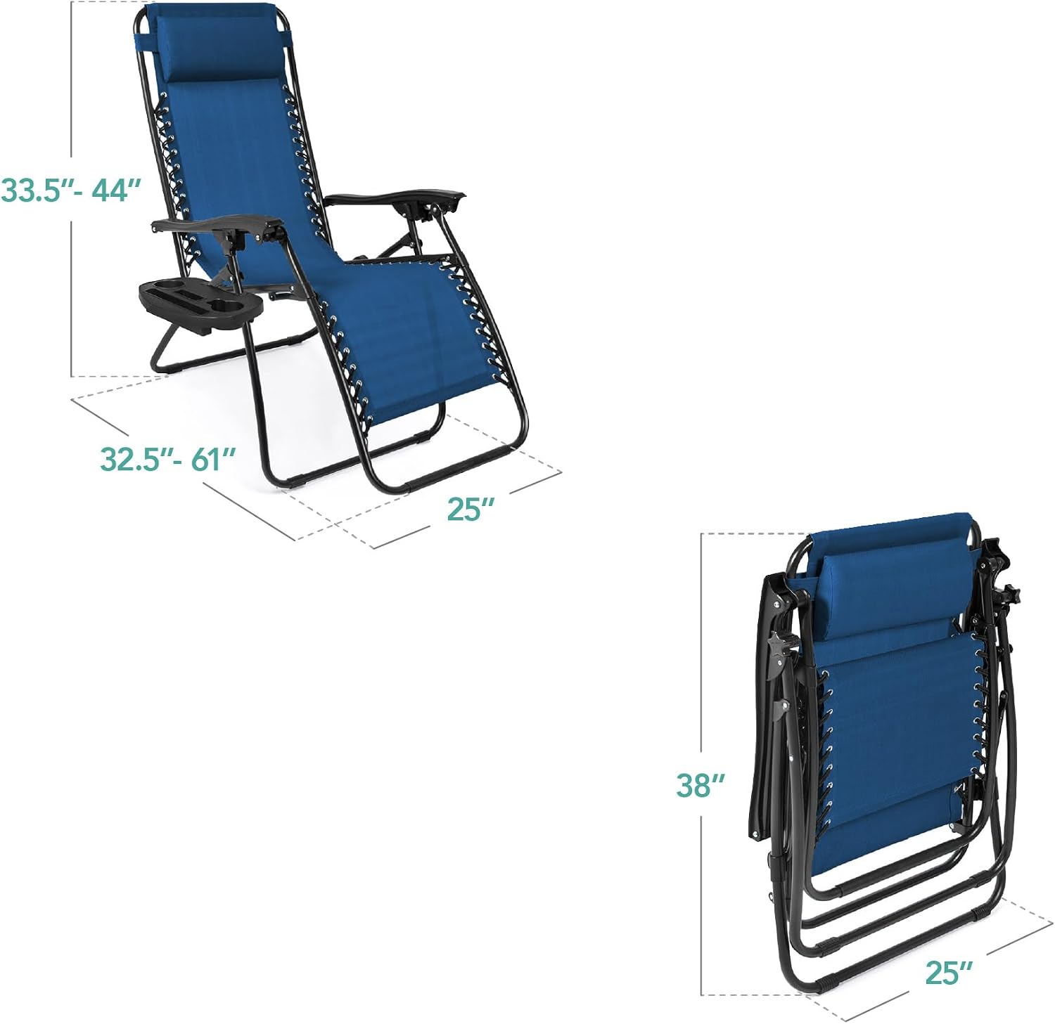 Best Choice Products Set of 2 Adjustable Steel Mesh Zero Gravity Lounge Chair Recliners w/Pillows and Cup Holder Trays - Marine Blue/Black thumbnail
