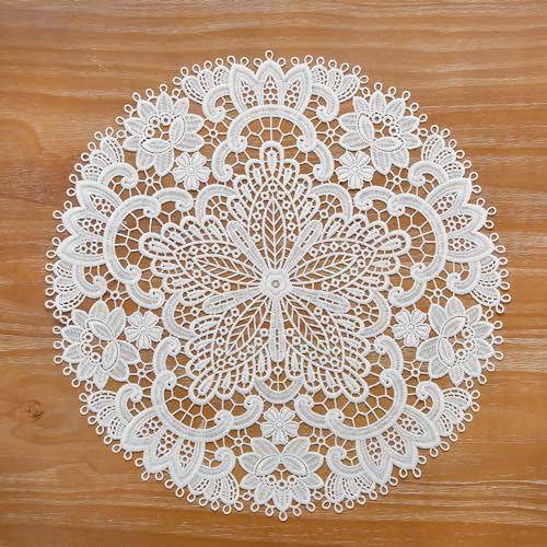 2pack Round Lace Placemats for Dining Table,15inch Delicate Floret Embroidered Lace Doilies vase mat for Christmas Daily Use, Washable (White Round 15inch)