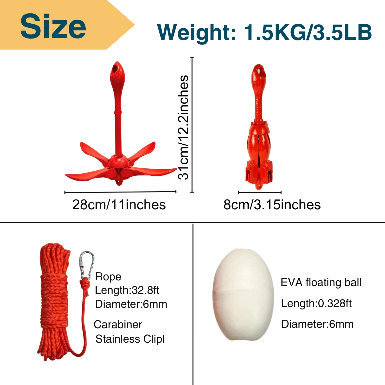 Kit de anclaje para kayak de 1.5/3.3 libras plegable para kayak, canoa de barco pequeño, tabla de remo, moto acuática con bolsa de transporte de cuerda de remolque de 32.8 pies