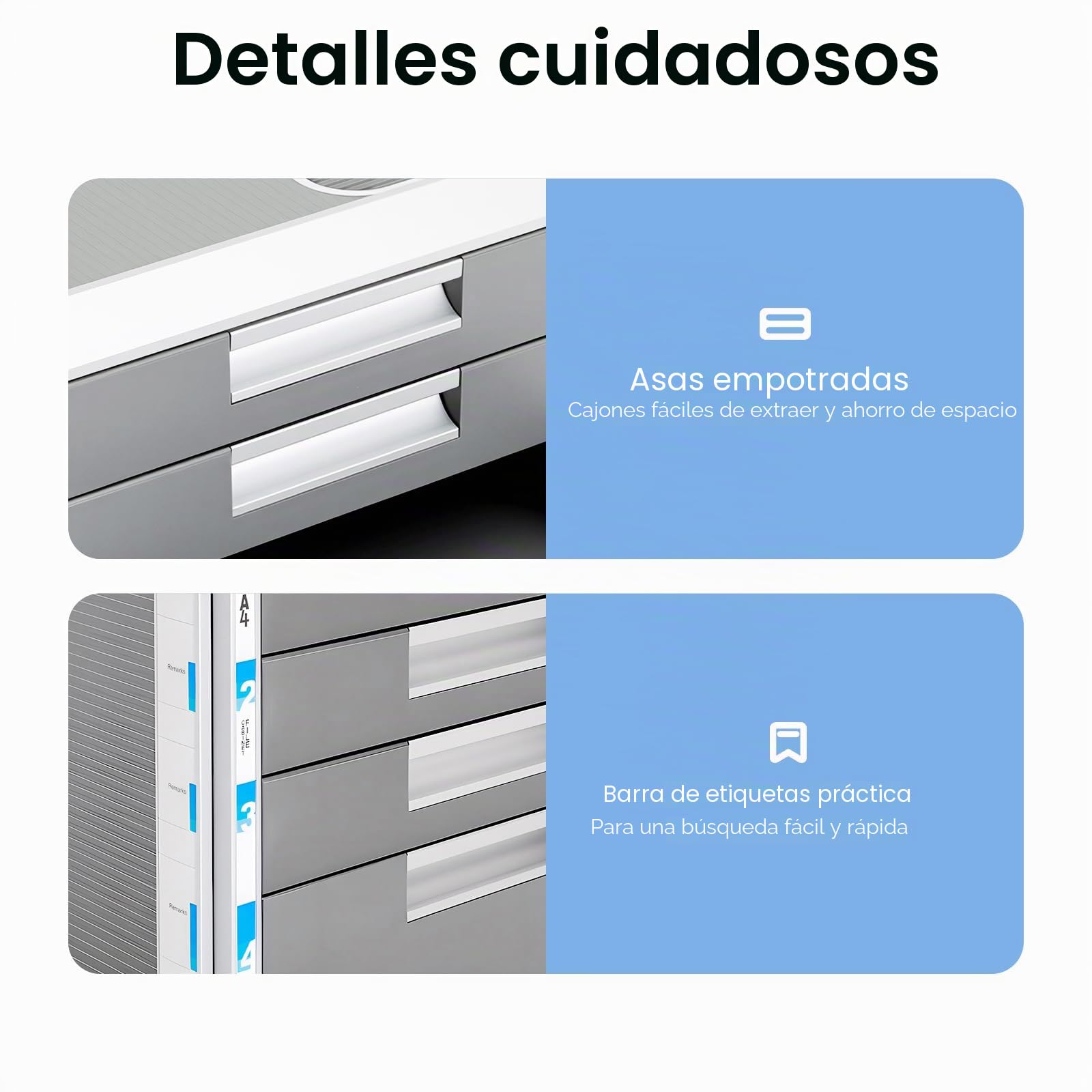 Organizador De Archivos Escritorio con Cerradura Cajones Gabinete De Almacenamiento Documentos A4, Archivador Sobremesa de 4 Niveles (3 Cajones Pequeños + 1 Grandes) para Oficina y Hogar
