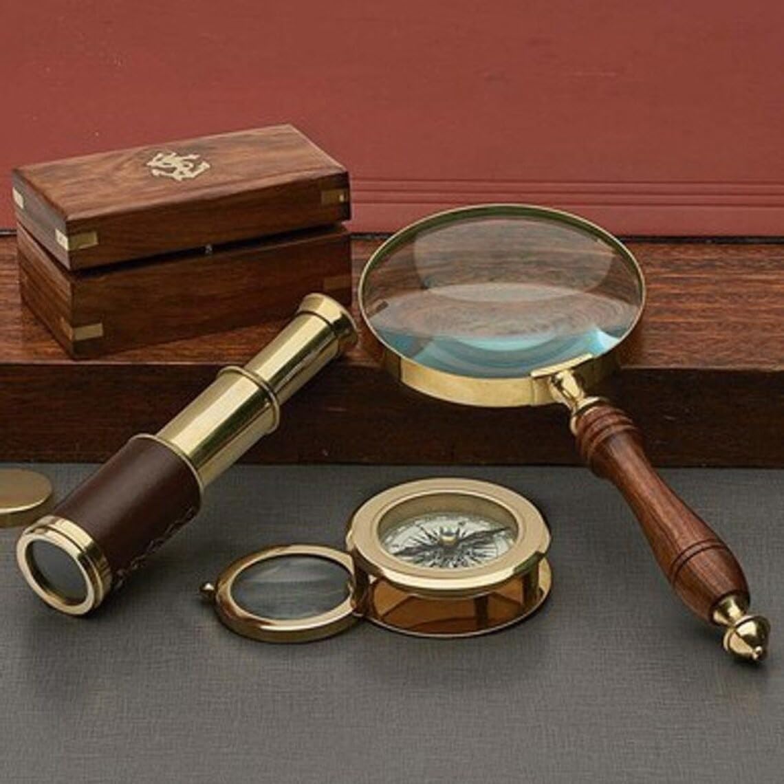 Generic Handcrafted 6"" Pocket Brass & Leather Telescope with Wooden Box Retro Pirate Spyglass Vintage Telescope, Same As Picture