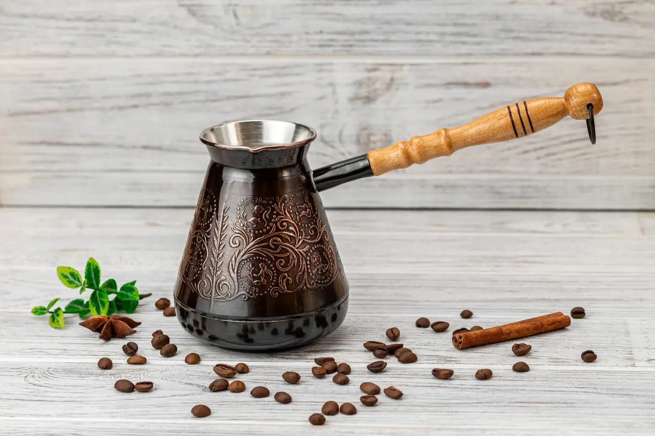 Turka, Türkische Kaffeekanne Kupfer-Dzhezva – Mokkakocher mit Holzgriff, handgefertigte Gravur, orientalisches Design, 500 ml