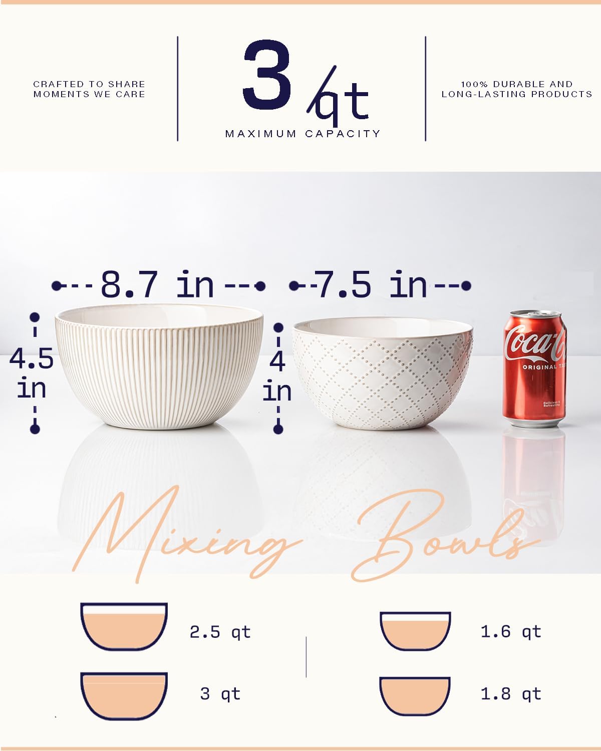 getstar Deep Ceramic Mixing Bowl Set of 2(8.7"/7.5"), 3&1.8 Qt Large Salad Serving Bowls Vintage Nesting Mixing Bowls for Cooking, Baking, Prepping, Microwave and Dishwasher Safe