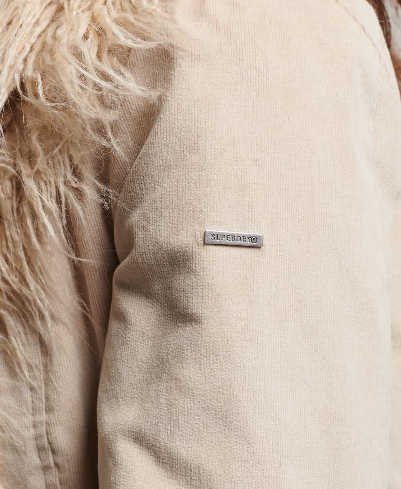 Superdry Damen Längerer, afghanischer Mantel mit Kunstfellfutter Stonewash Taupe Braun 38