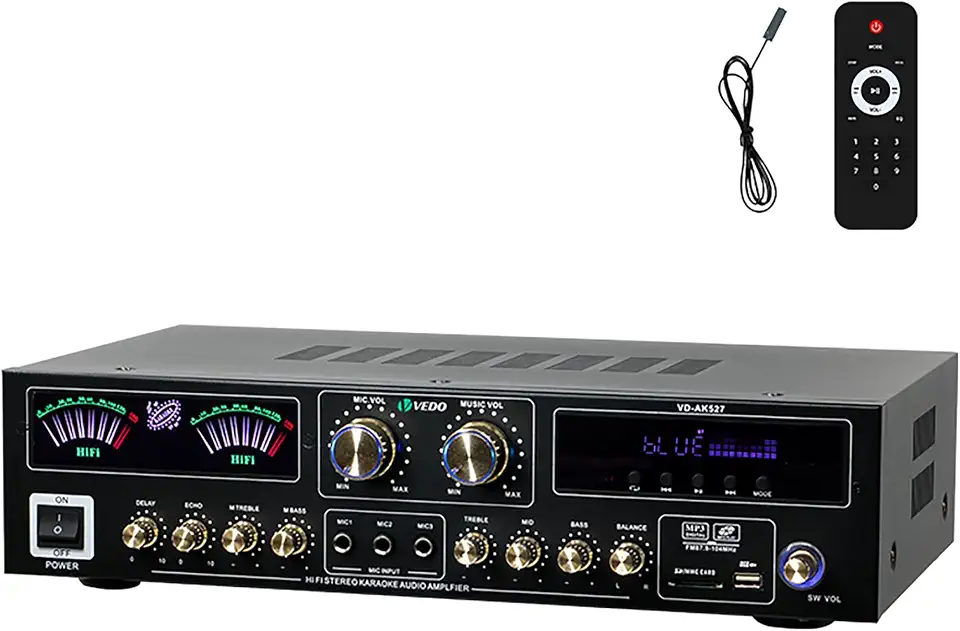 VEDO Amplificador de alta potência VD-AK527, 5.1 Canais 410W Pico, Bluetooth, USB/SD, Rádio FM, 3 Microfones, Controle Remoto para Karaokê Home Theater
