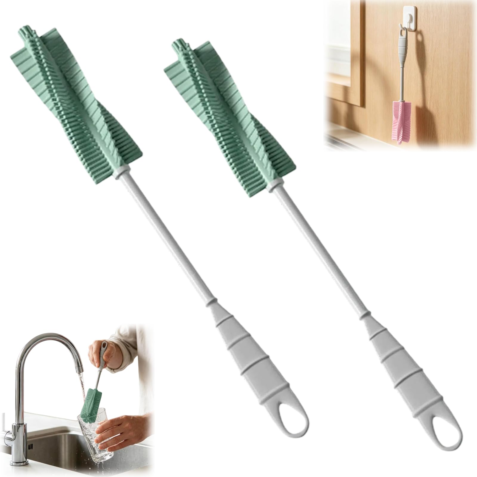 2pcs Silicone Bottle Brush with 360° Rotating Handle, Long Handle Cup Cleaning Sponge Brushes, Nipple Brush for Bottle Cups (Green)