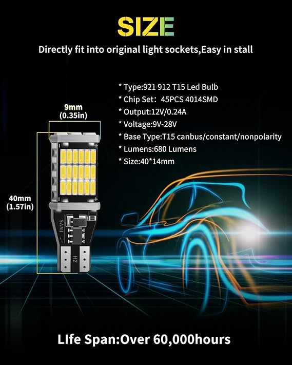 YONGMING 921 912 Led Bulb T15 W16W Led Bulb 45pcs 4014SMD Extremely Bright Replace for Car Reversing Light Backup Parking Light Tail Light Bulbs CANBUS Error Free Non-Polarity，4 PACK