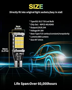 YONGMING 921 912 Led Bulb T15 W16W Led Bulb 45pcs 4014SMD Extremely Bright Replace for Car Reversing Light Backup Parking Light Tail Light Bulbs CANBUS Error Free Non-Polarity,4 PACK