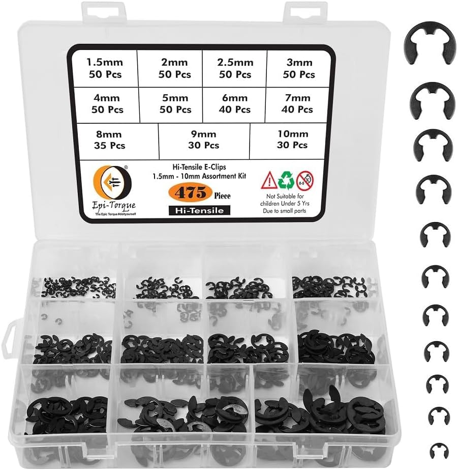 E-Clip Assortment Set | 475 PCS, 11 Sizes, Heat Treated External Retaining Clips, 1.5-10MM | High Carbon Steel Circlip Kit, Anti Walk Washers, Retaining Rings