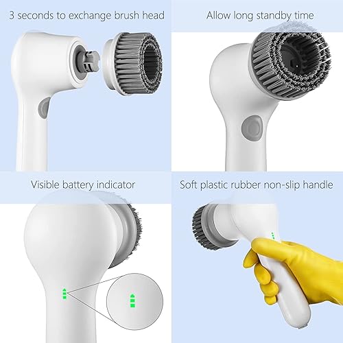 Miniatura 6 de LISANNE Cepillo eléctrico de limpieza eléctrico inalámbrico con 4 cabezales reemplazables, 2 velocidades ajustables, limpiadores eléctricos para