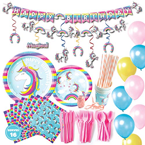 Whoobli Unicorn Birthday Party Supplies (Serves 16), Unicorn Party Supplies incl Plates, Utensils