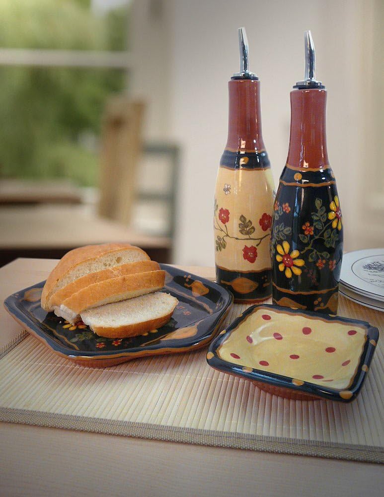 American Made Terra Cotta Pottery Oil and Vinegar Serving Set with Cruets, Dipping Dish, and Serving Tray, Romany Old Rose Motif