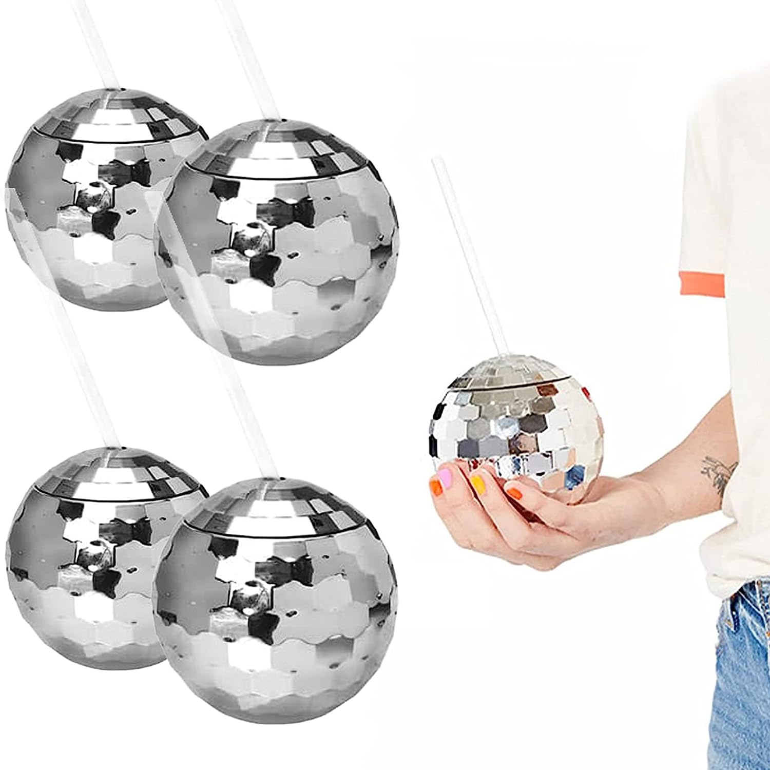 X Spring Disco Ball Cups, 4 Pieces Plastic Flash Drinks Cup With Lid and Straw, Party Supplies for Tea Bottle, Decorations (Silver)