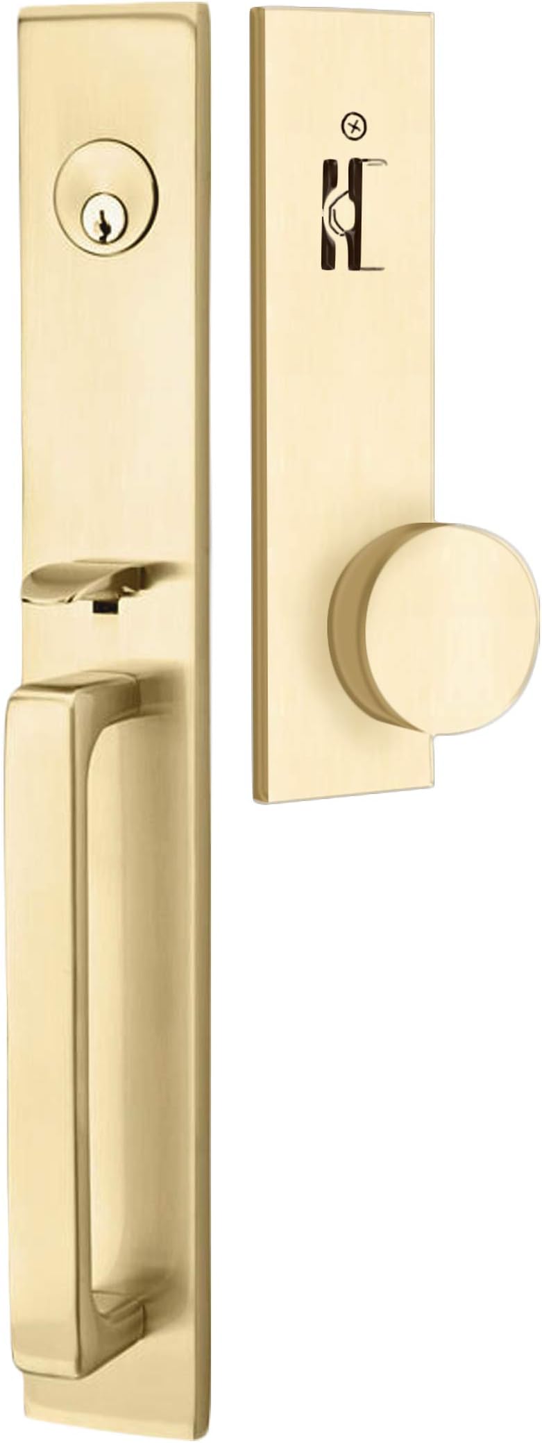 Emtek Contemporary Tubular Entry Set: Lausanne Style with Round KNOB on The Interior Side. 2 Backset Sizes Included 2-3/8 in. and 2-3/4 in. Color: Satin Brass, Model: 4819-US4