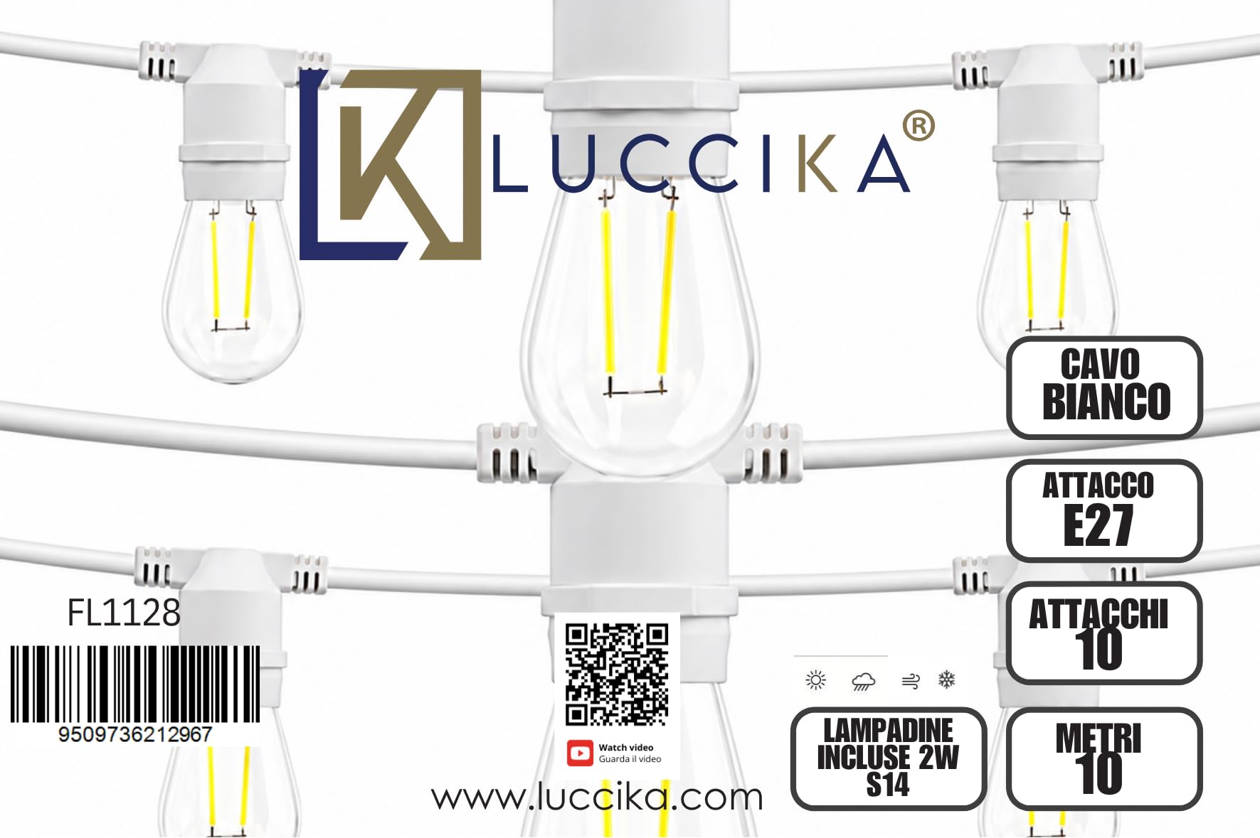 Luccika 10-metrowy łańcuch świetlny 10 metrów, 10 oprawek i 10 żarówek E27, wytrzymały kabel, IP44, przedłużany, kabel zasilający, do użytku na zewnątrz i wewnątrz (biały kabel lodowo-biały)