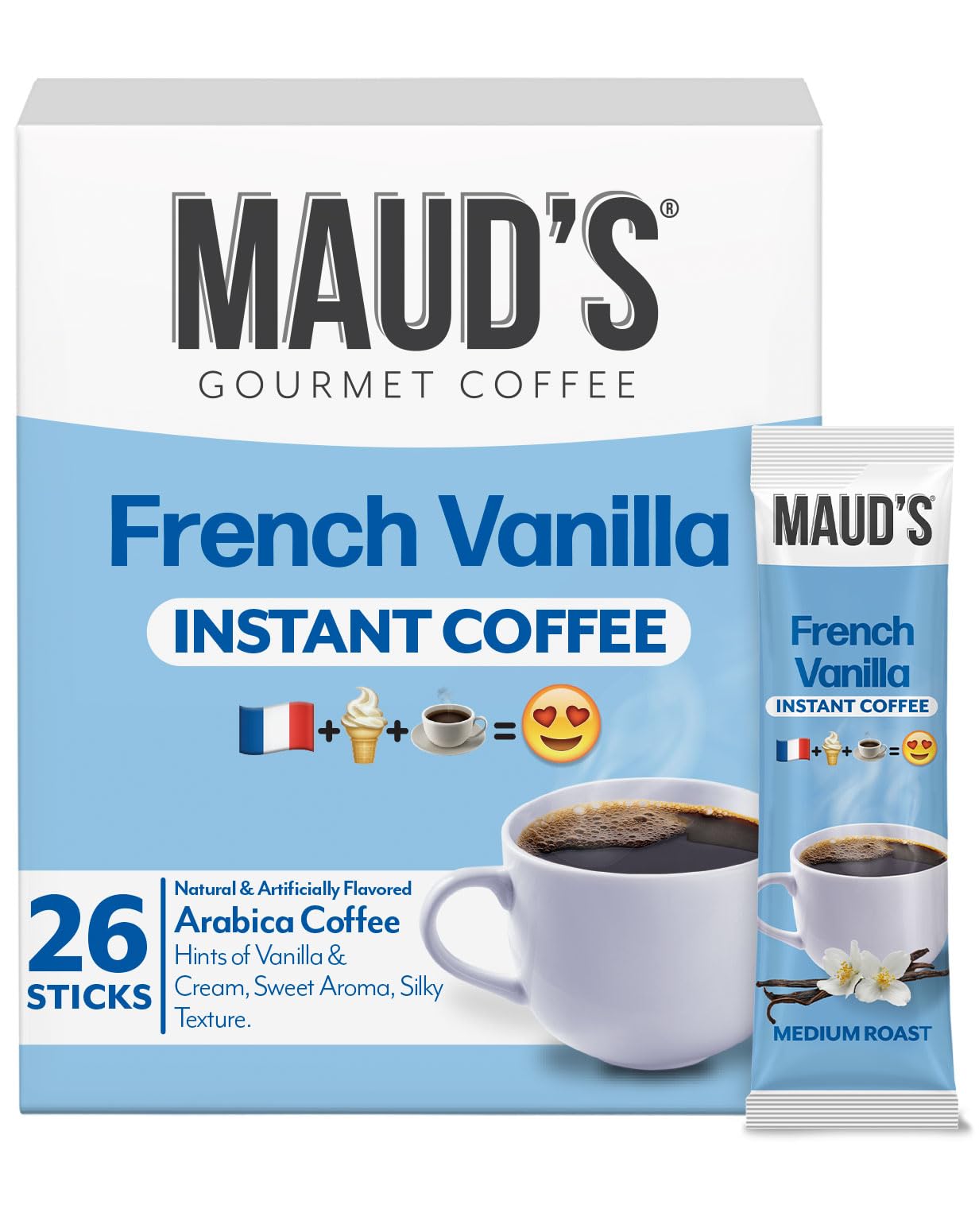 Maud's French Vanilla Instant Coffee, 26 ct, 100% Arabica Coffee, Medium Roast, Instant Hot or Iced Coffee - Just add water