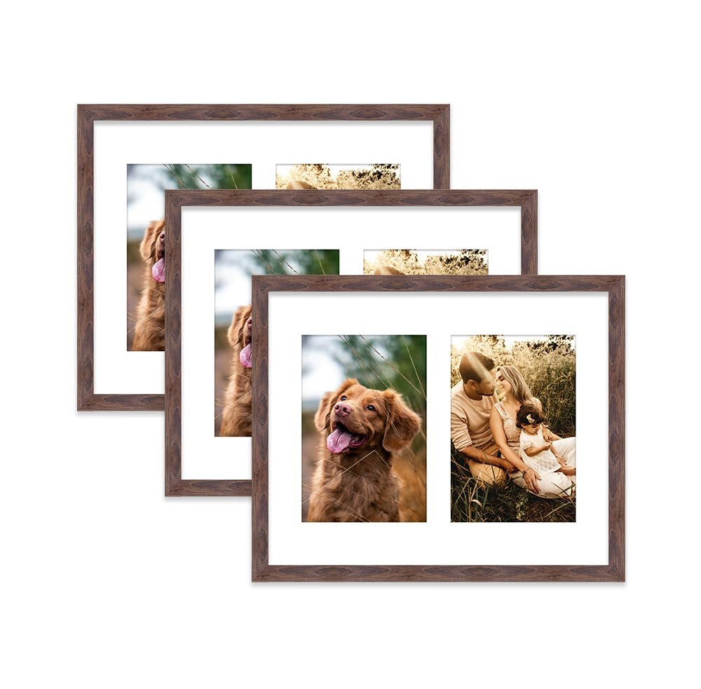 Walnut Multi Photo Frame - Holds 2 x 6x4 Pictures, Family Collage Picture Frame for Wall Display, 10x8 Frame size, Set of 3