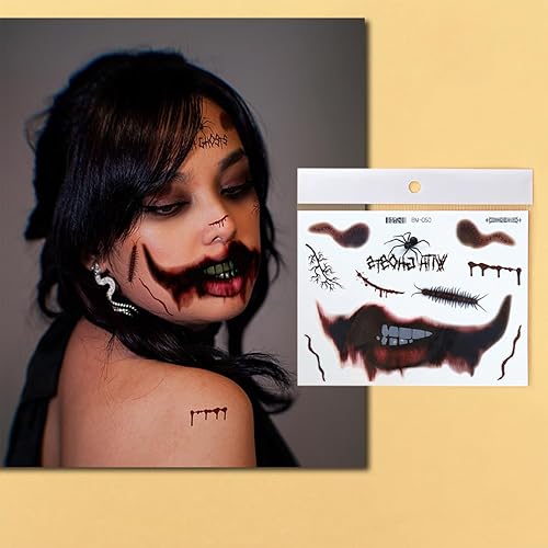 Miniatura 5 de Tatuaje de boca de terror de payaso de Halloween, tatuaje de cicatrices falsas 3D, tatuaje temporal de boca grande, tatuajes de cara aterradora,