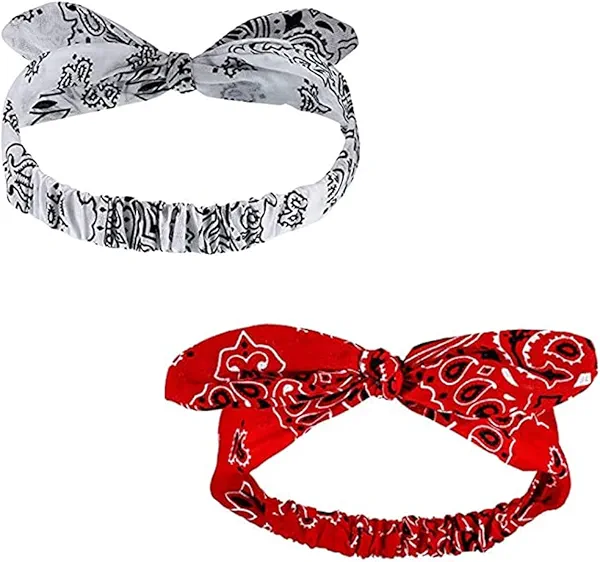 AISIBO Bandana Headband Headwrap, 2PCS Bow Headbands, Retro Paisley Print Headbands for Women (Red, White)