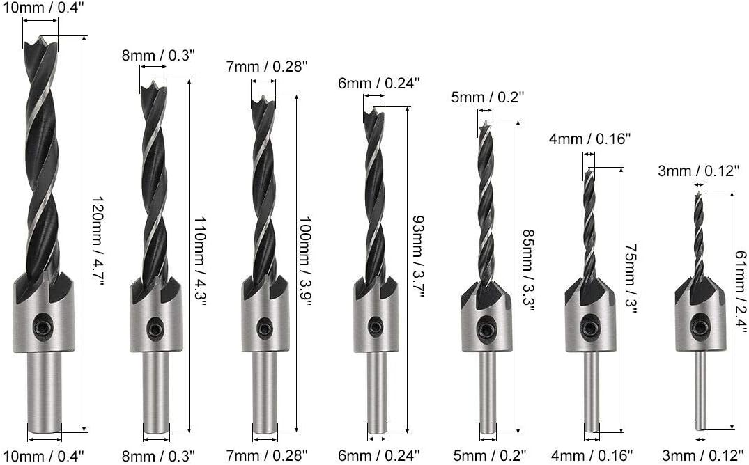 Utoolmart 7 in 1 Countersink Drill Bit Set, 3mm 4mm 5mm 6mm 7mm 8mm 10mm Quick Change Drill Bit with One Hex Key, Adjustable Carpentry Reamer Plated for Wood DIY, HSS