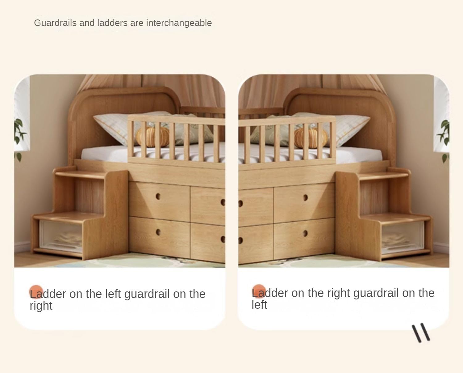 GVAwood Oak Solid Wood Multi-Function Wide Storage Box Bed< (120x200cm) (47.2x78.7 inch)_ / Natural Wood Color Half-Height Storage Bed Without Small Step Ladder