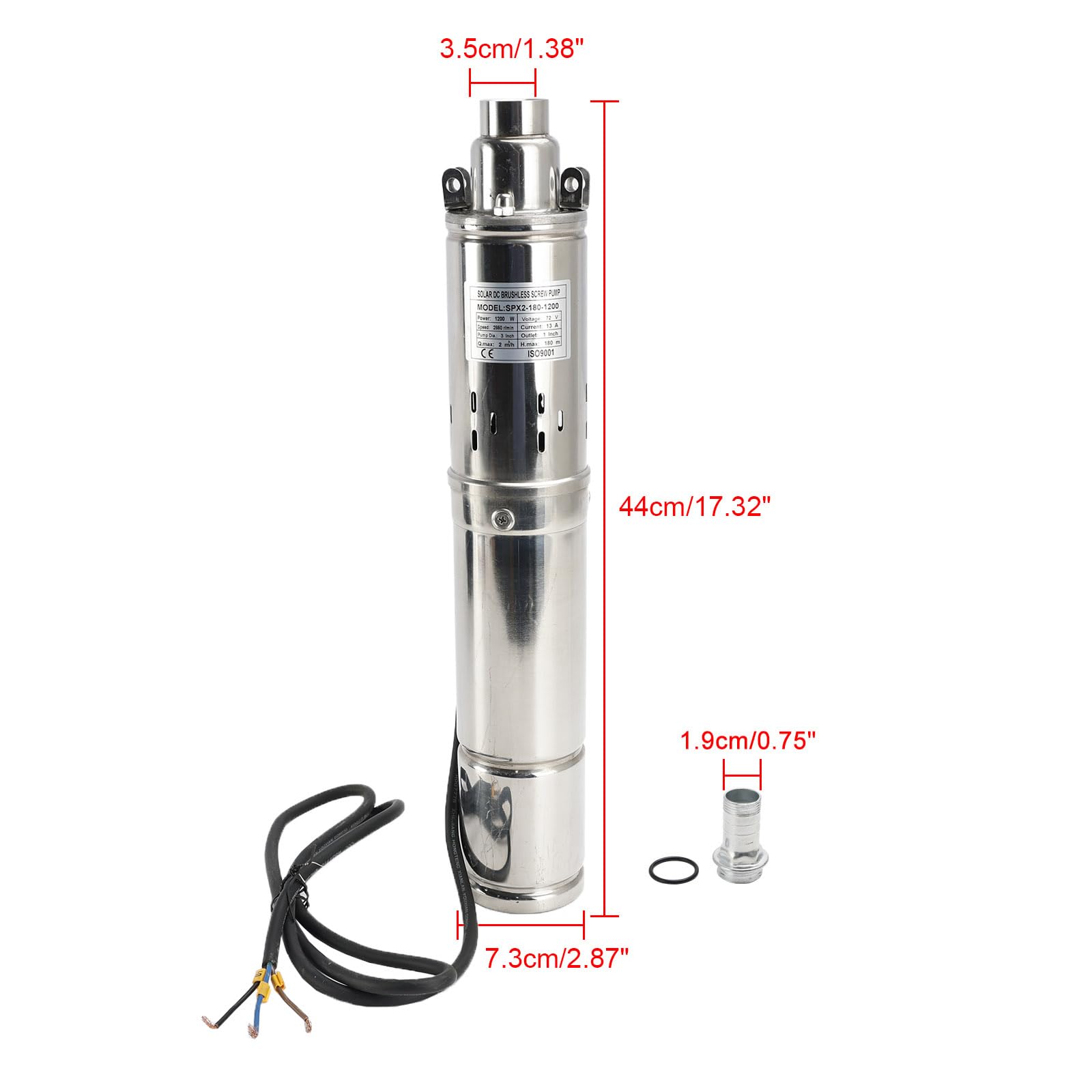 Topteng 3" 72V 1.2KW Deep Well Solar Submersible Bore Hole Water Pump, 180M Head, 2000L/H Flow, Brushless DC Motor, MPPT Controller, Stainless Steel Body, Apto para Solar Panels 6X 200-300W