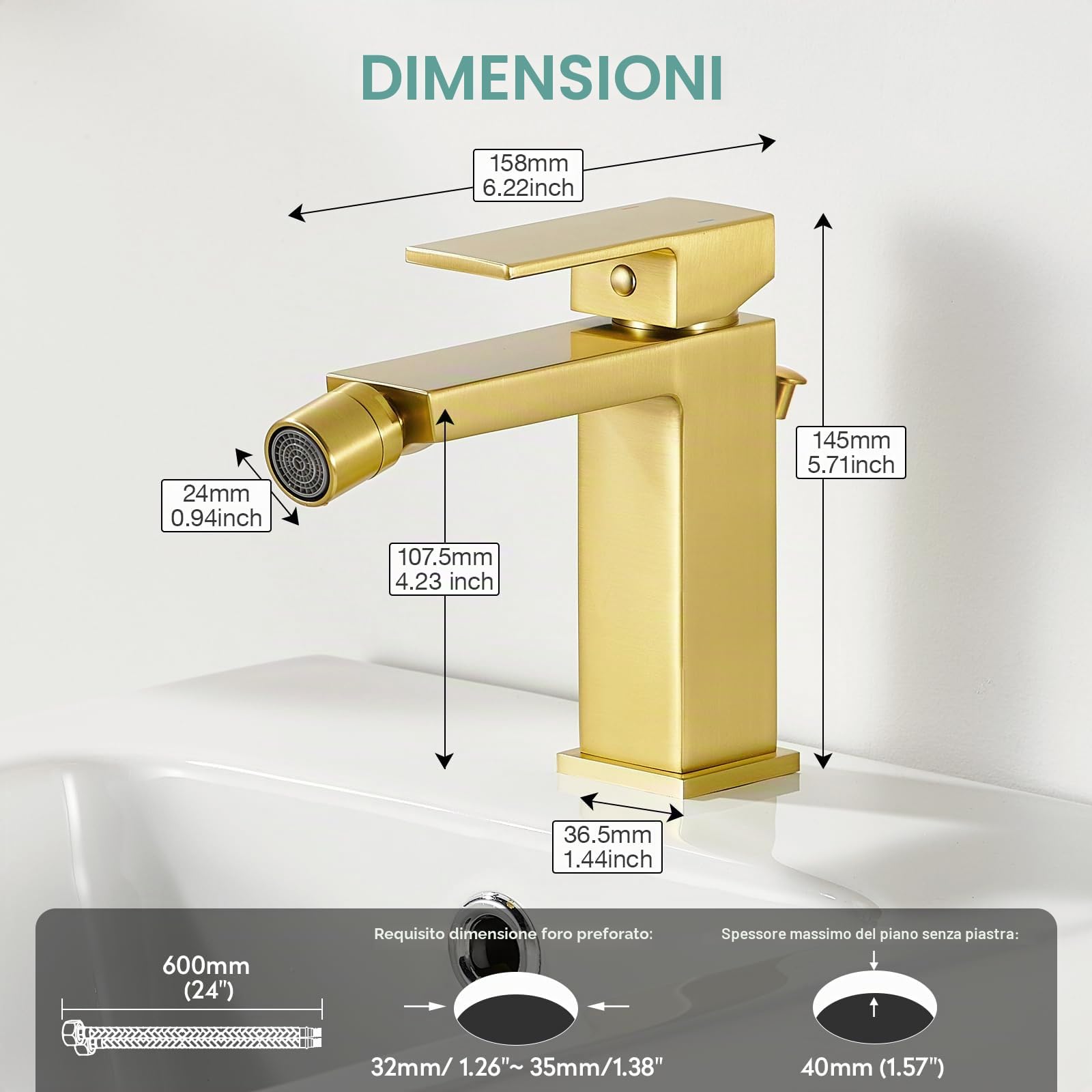 Faustina Rubinetto per Bidet WC con Tirante, Miscelatore Monoelmo Bidet in acciaio inox regolabile con giunto sferico Ottone, Spazzolato Oro