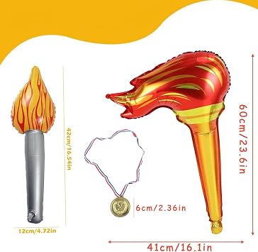 SSKHE Inflatable Torch medal OLM Party Decorations Set with 4PCS Inflatable Party Props Torch and 6PCS Gold Silver Bronze Plastic Medals Fun Inflatable Torchs for Kids Competitions Themed Party Game