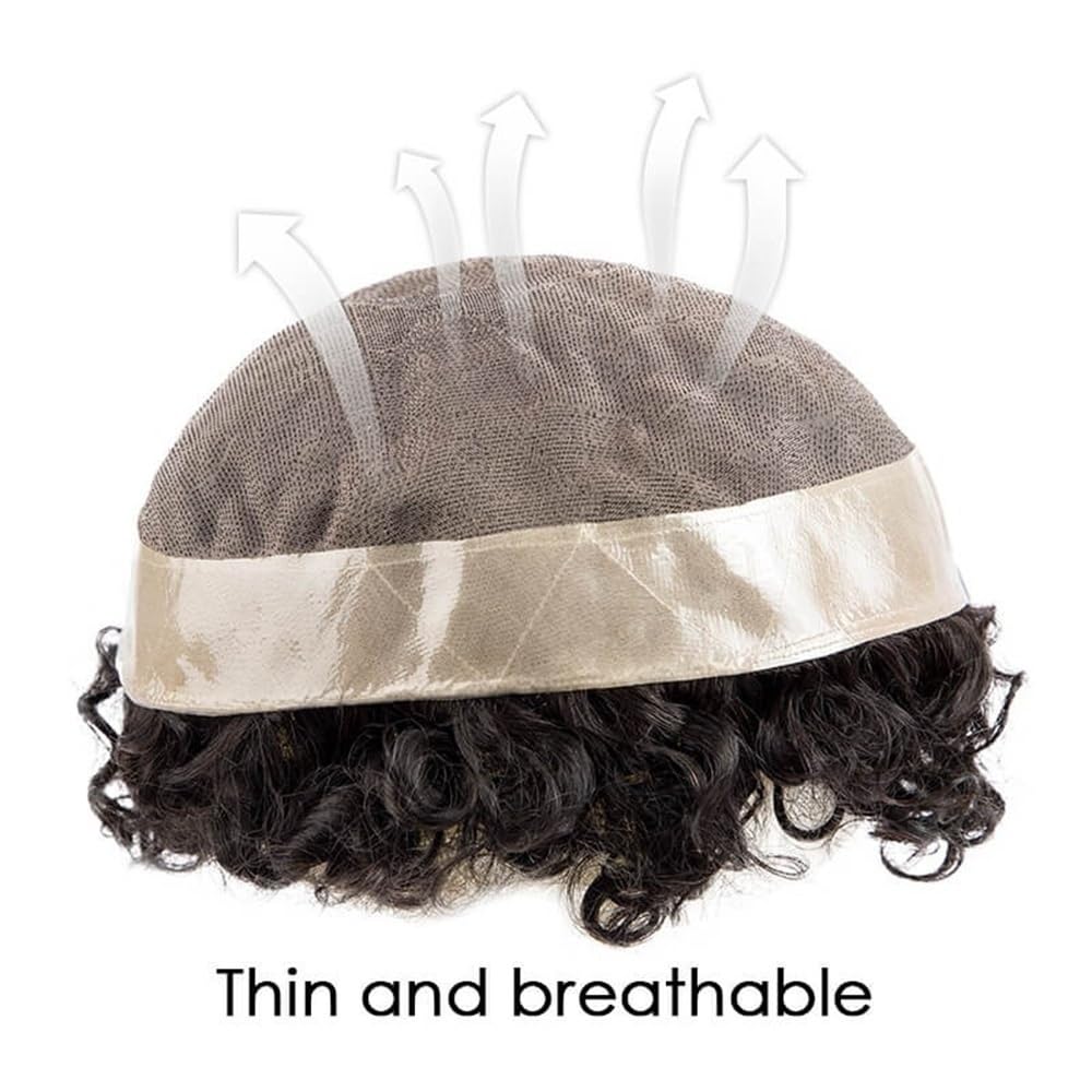 Men's Toupee Protesi for capelli maschili in PU da 20 mm, con pelle attorno ai capelli umani, toupet riccio for uomo, mono superiore(#1B,8x10)