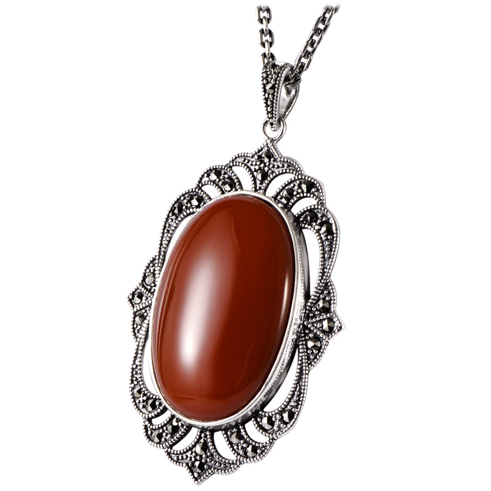 Pendentif Argent Sterling S925 Agate Rouge Style Ethnique Rétro Grand Format Dames