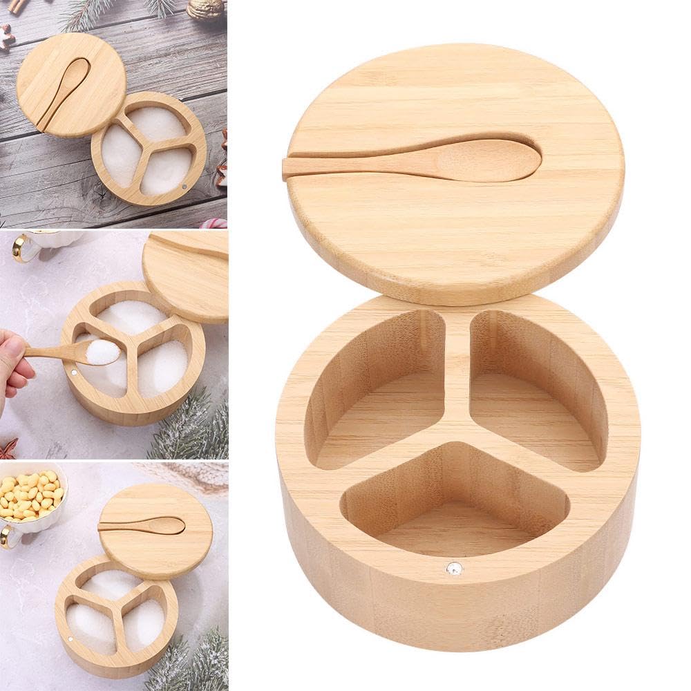 gofidin 3 Grids Wooden Storage Cellar Bowl Box with Spoon, Spice Jar Seasoning Container Salt Box Condiment Sesame Bottle BBQ Cooking Organizer Household Kitchen Tool