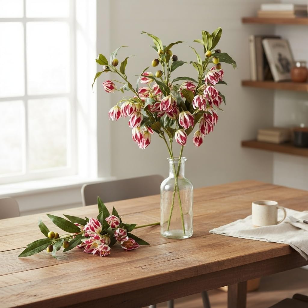 4 Pcs Artificial Bellflower Long Stems - 39 Inch Faux Silk Fritillaria Lantern Lily with Berries, Tall Mock Clematis Floral Arrangement for Floor Vase, Wedding, Farmhouse Home Decor(Light-Red)