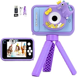 キッズカメラ トイカメラ 子供用 三脚付き 恐竜 32G TF カード Tpye-C デュアルカメラ 4800万画素 1080Ｐ 2.4インチミニカメラ 2歳 3歳 4歳 5歳 プレゼント 日本語説明書付き (パープル)