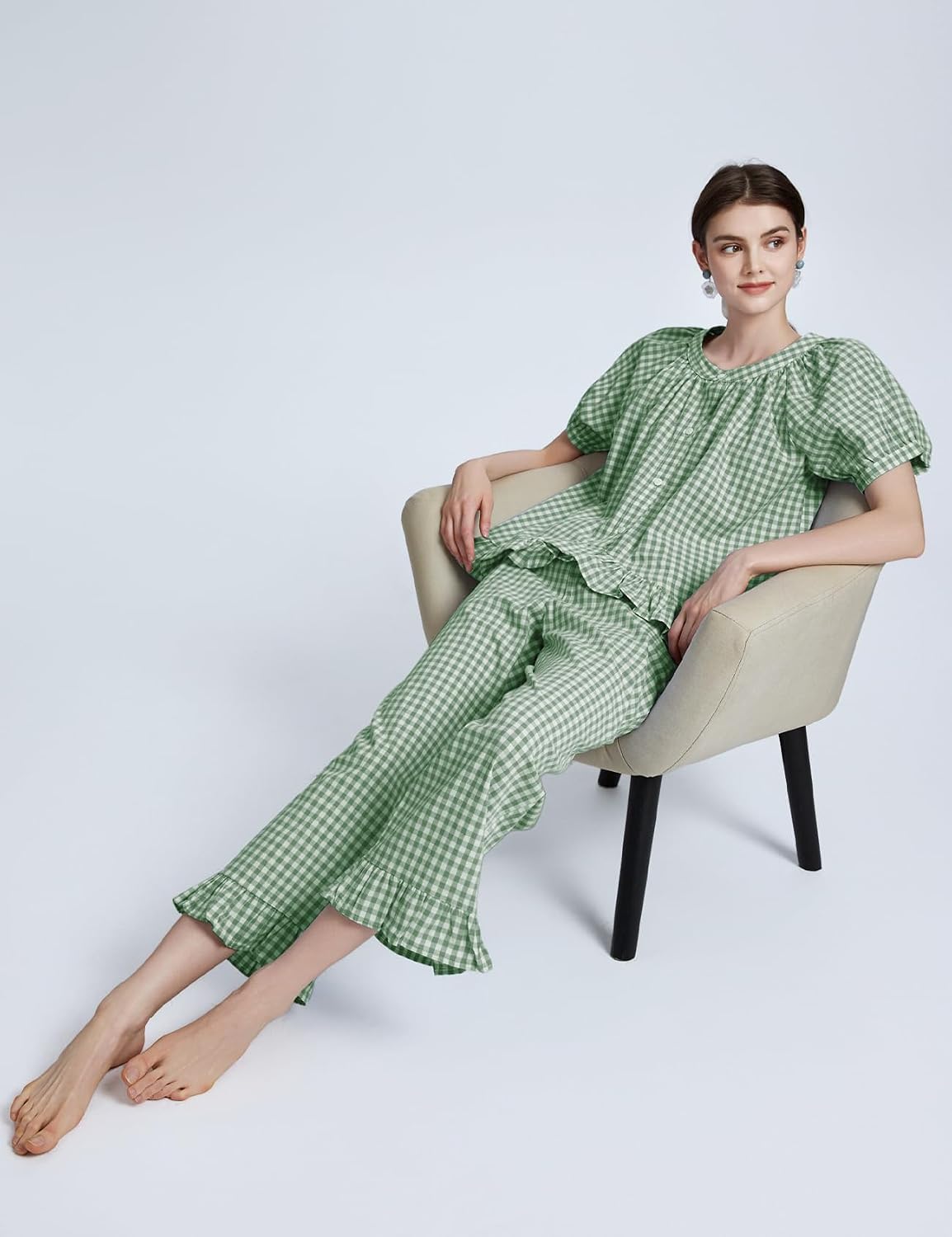 Flygo Womens Plaid 2 Piece Pajamas Sets Gingham Button Down Puff Sleeve Babydoll Shirt Ruffle Pants Y2K Pjs Lounge Set