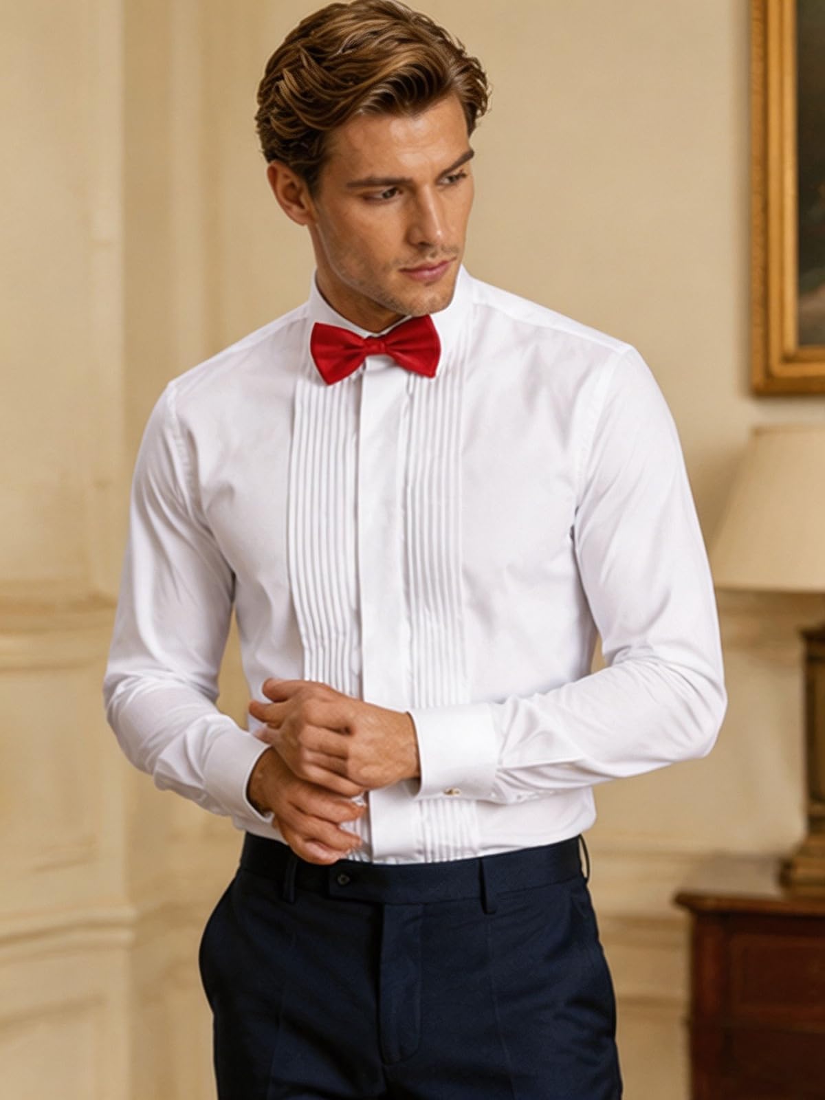 Herren-Smokinghemd, Flügelkragen, Frontfalte, französische Manschetten mit 2 Fliegen, Button-Down-Shirt
